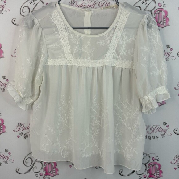 Rebellion Tops - Rebellion T-shirt floral embroidered mesh flowers button up Ivory Floral Blouse